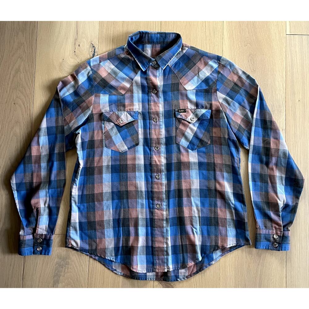 Vintage LEE Blues Browns Pearl Snap Western Shirt - Medium